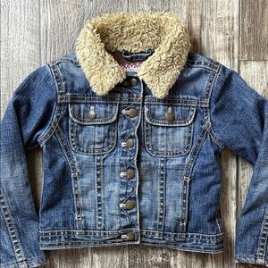 GAP Blue Denim Girl Jacket with Tan Sherpa Collar, Size XLARGE